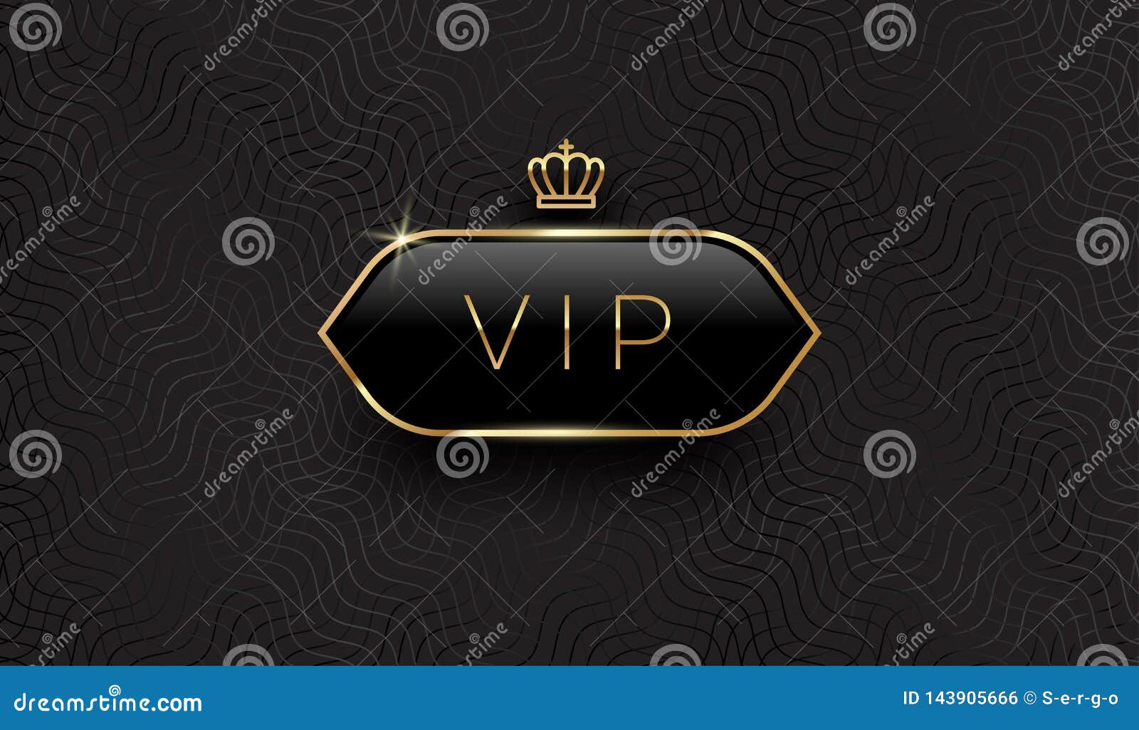vip black glass label with golden crown and frame on a black pattern background. premium . luxury template .
